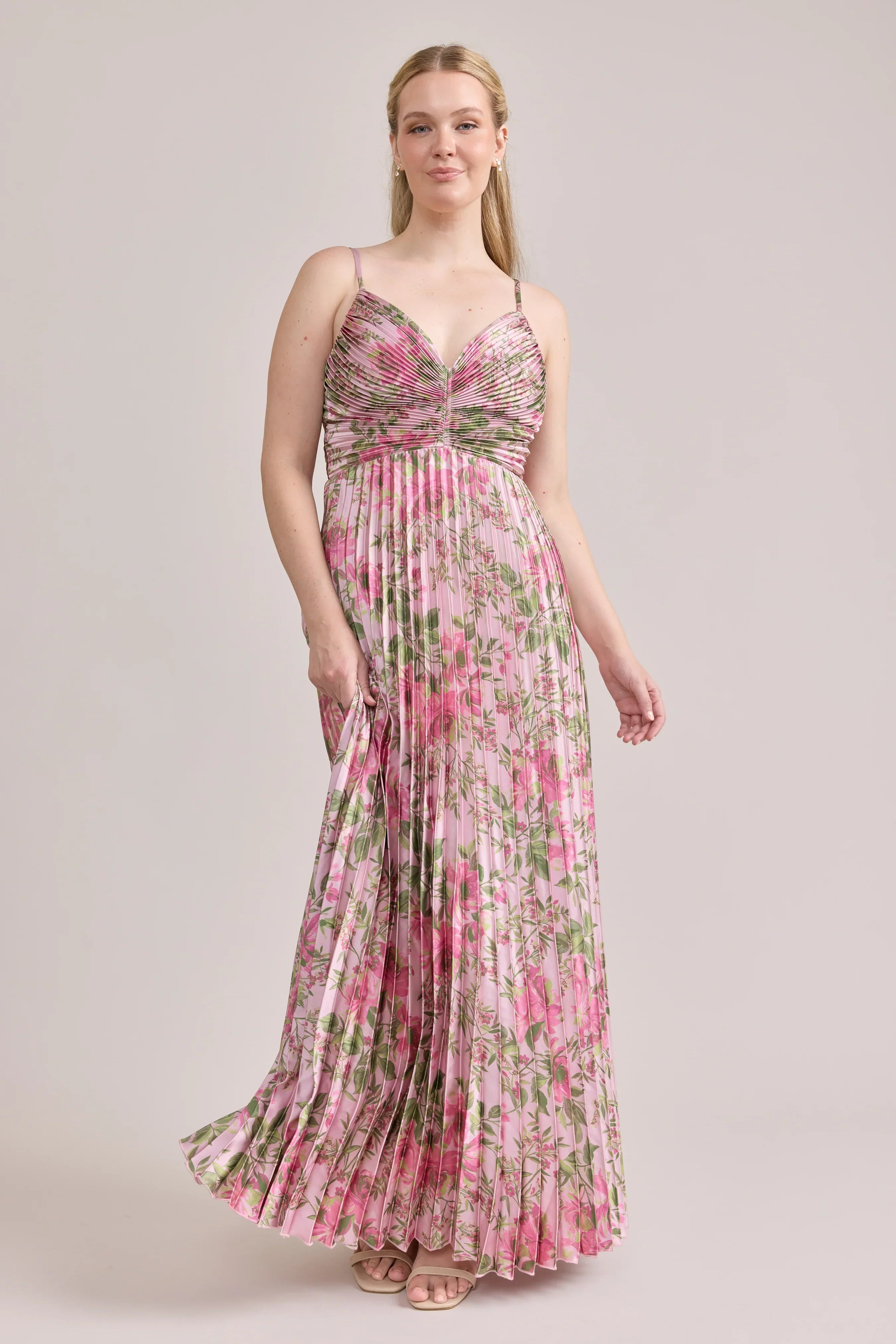Satin Pleated Floral Print Dress | Made To Order