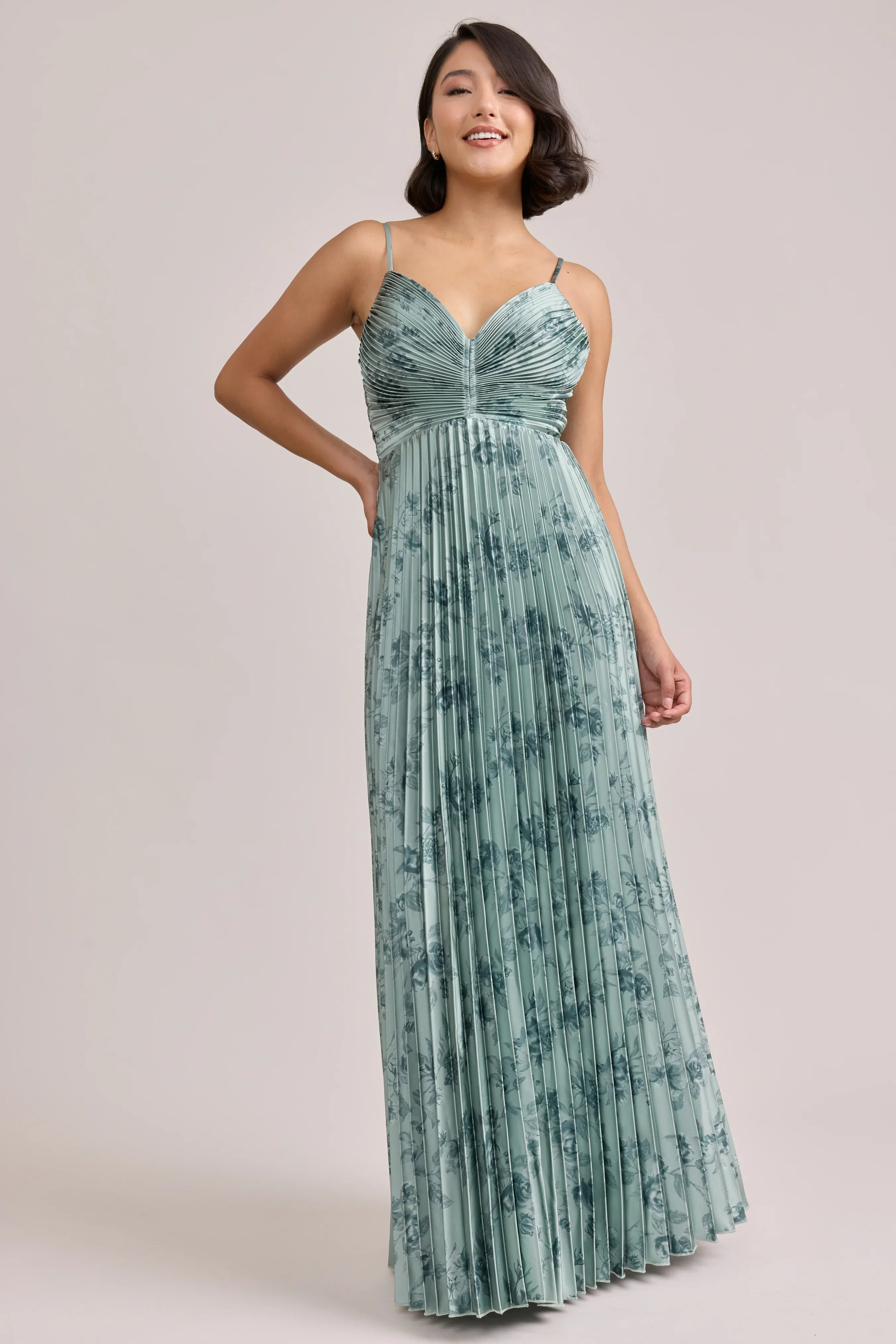Satin Pleated Floral Print Dress | Made To Order