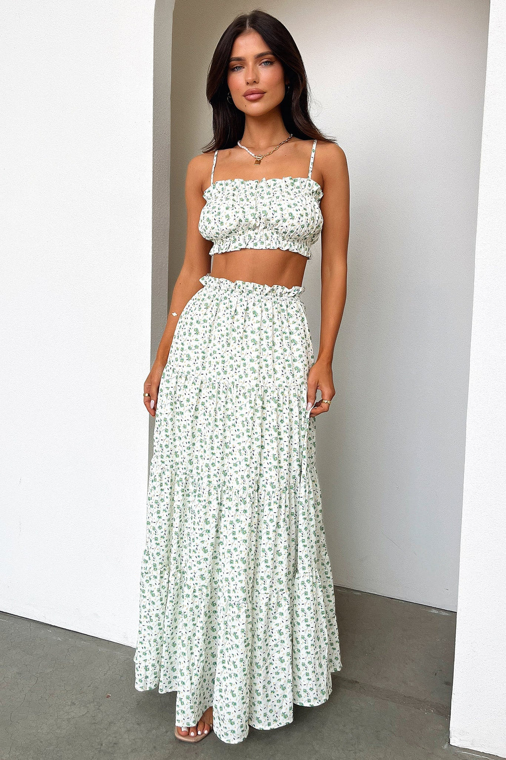 Selina Tiered Maxi Skirt - Green Floral