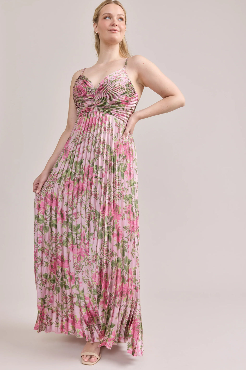 Satin Pleated Floral Print Dress | Made To Order