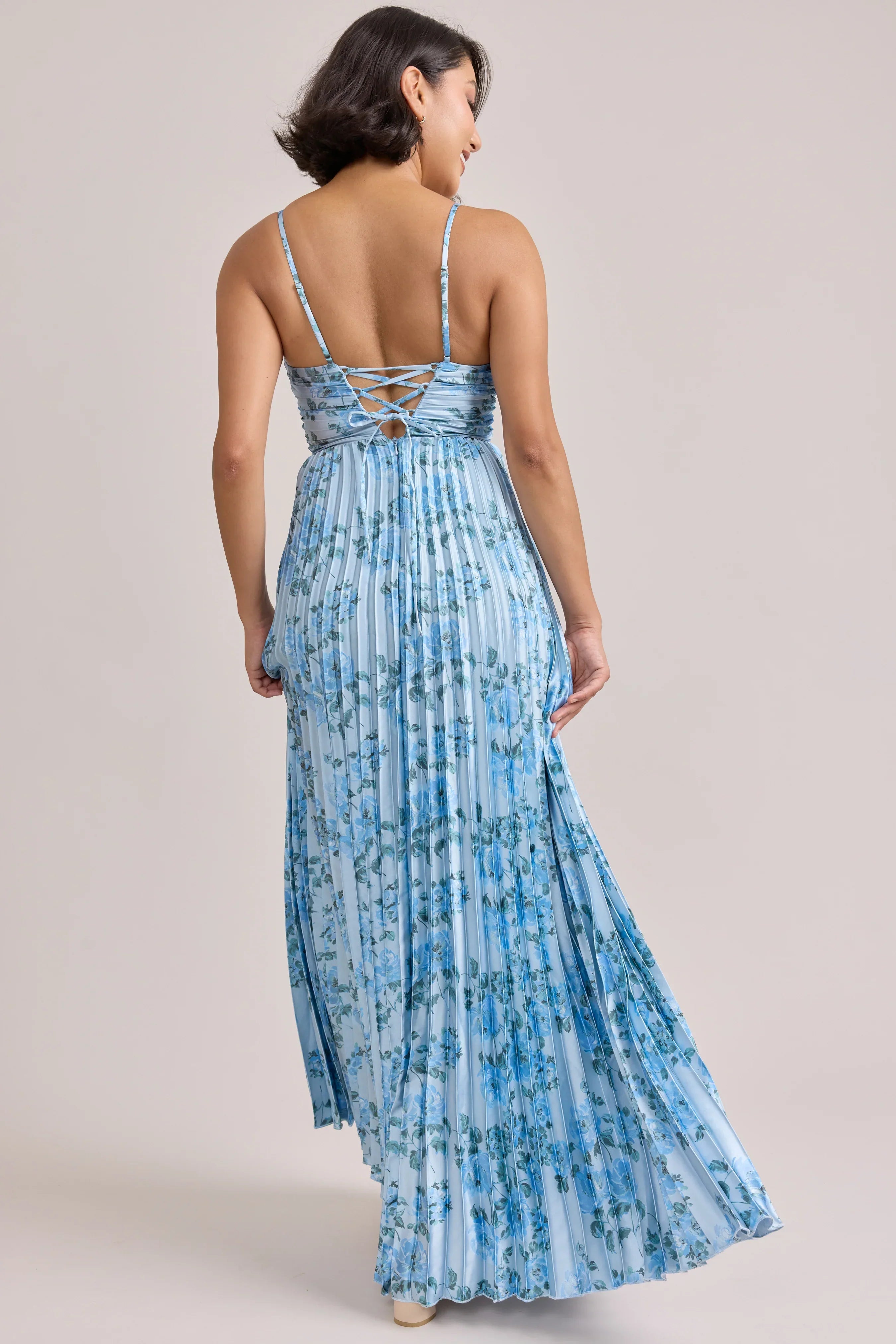 Satin Pleated Floral Print Dress | Made To Order