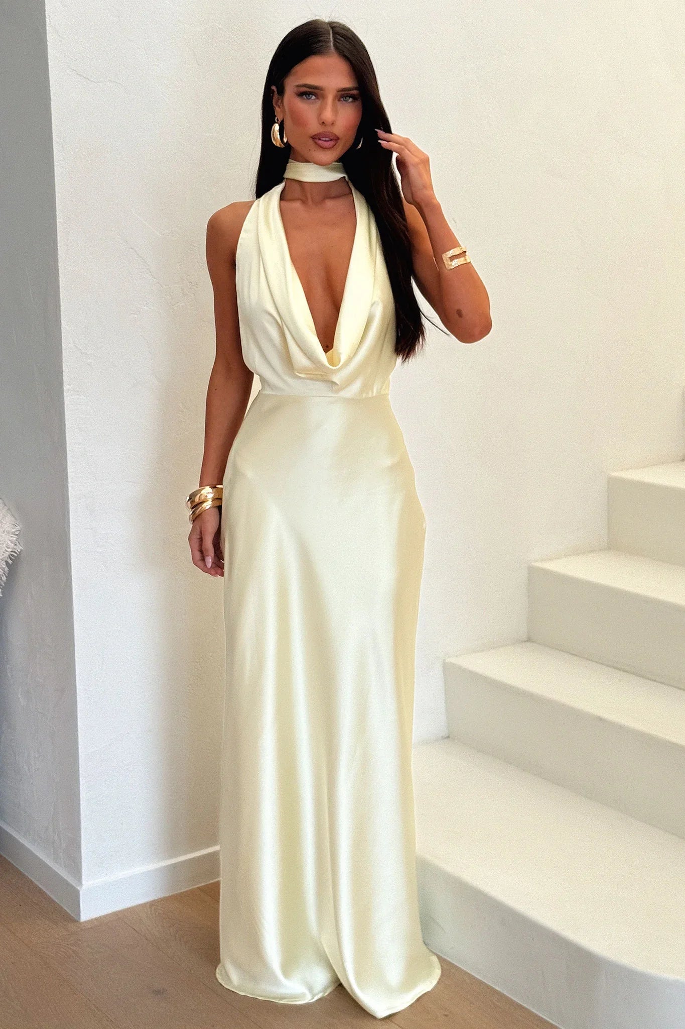 Zealand Plunge Halter Satin Maxi Dress - Yellow