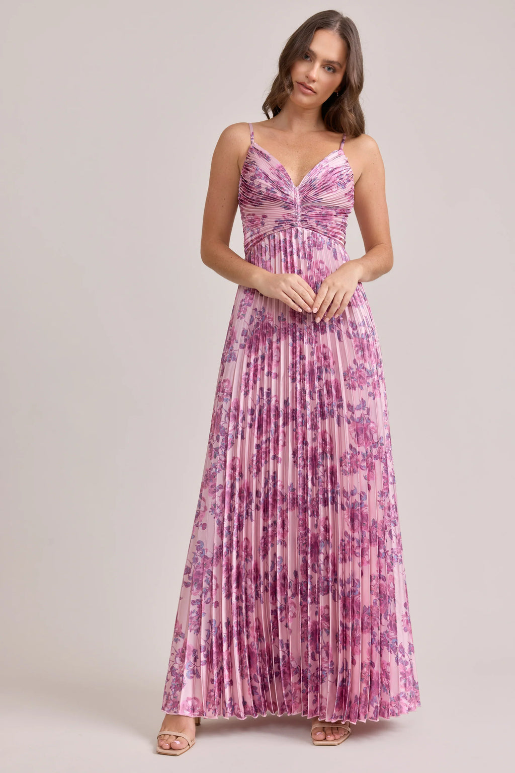 Satin Pleated Floral Print Dress | Made To Order