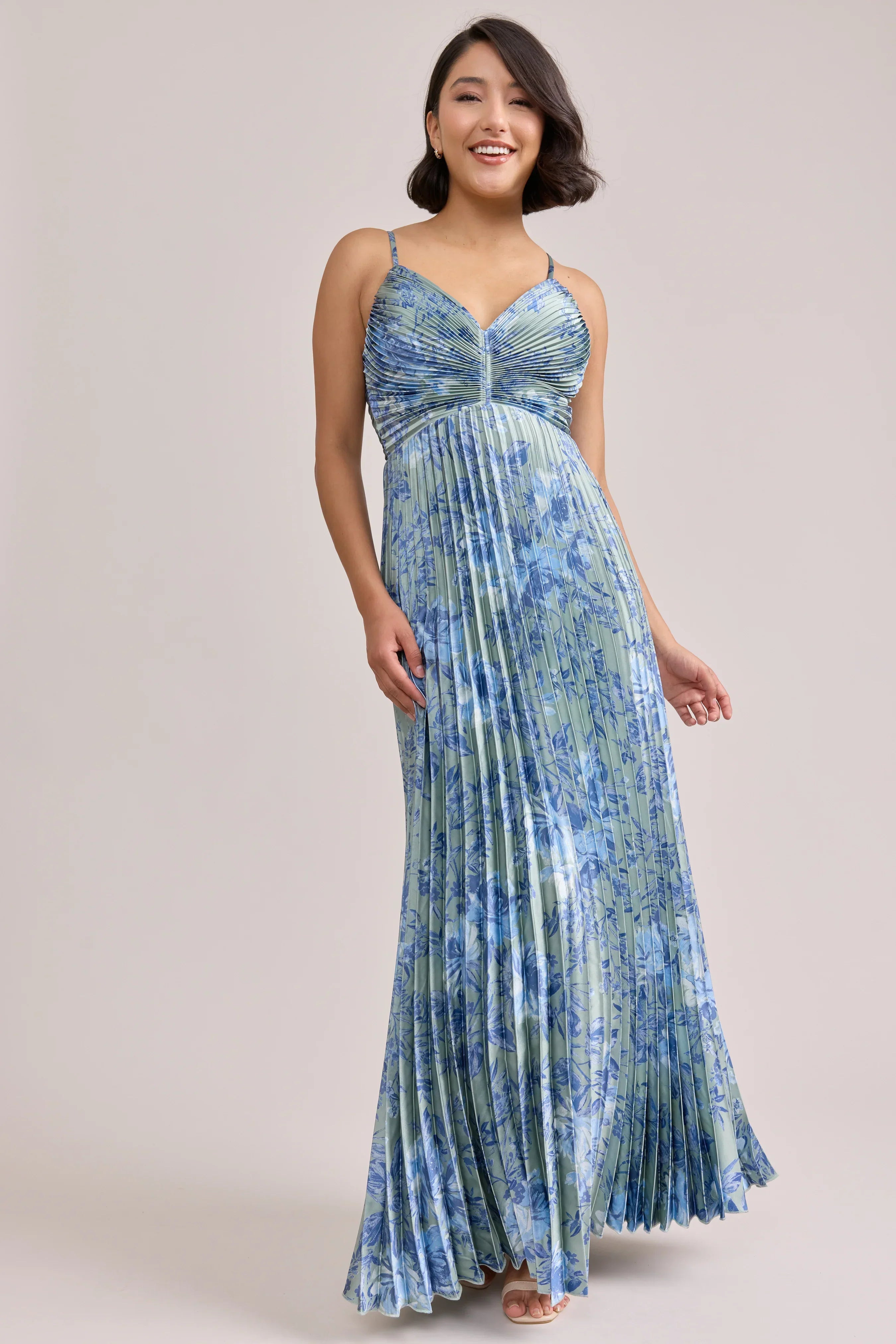 Satin Pleated Floral Print Dress | Made To Order