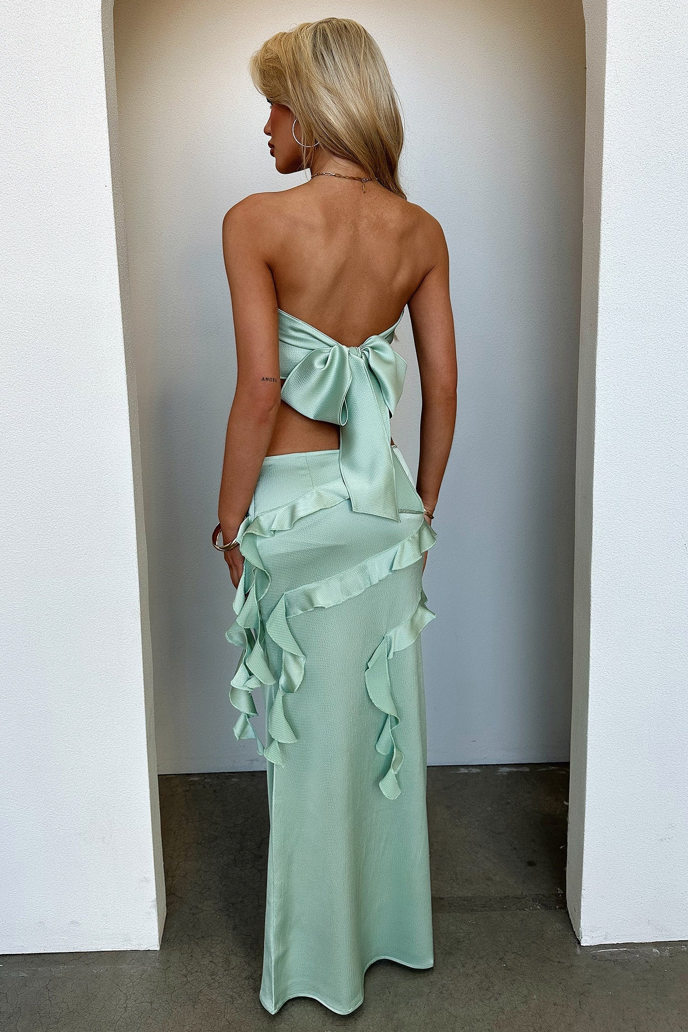 Raima Satin Ruffle Maxi Skirt - Green