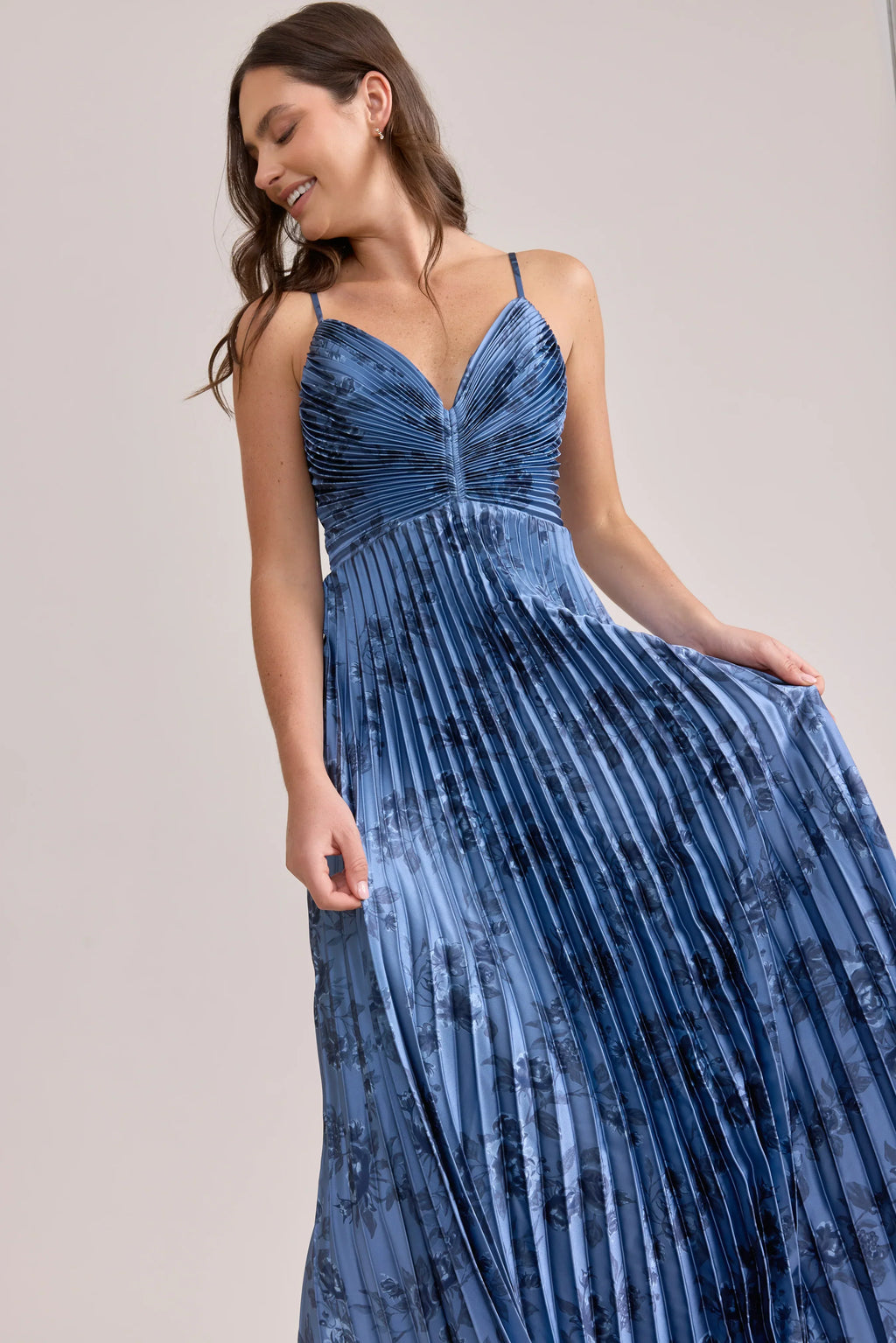 Satin Pleated Floral Print Dress | Made To Order