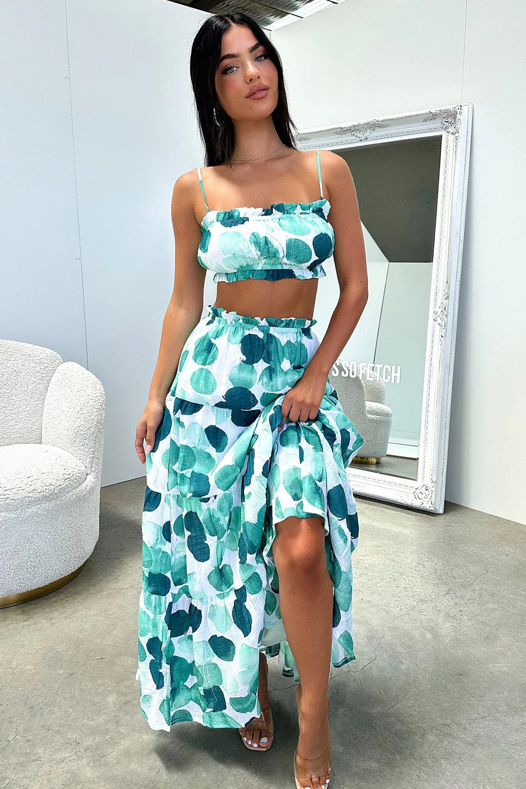 Selina Tiered Maxi Skirt - Green / White Print