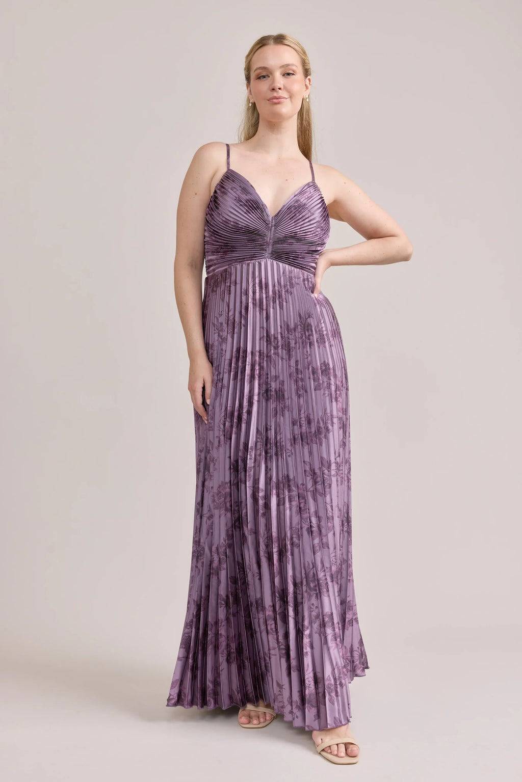 Satin Pleated Floral Print Dress | Made To Order