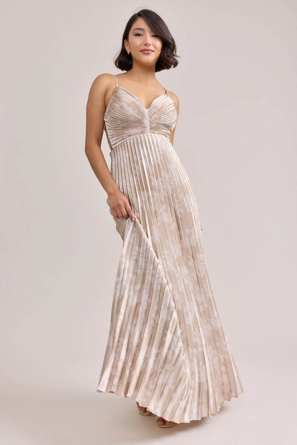 Satin Pleated Floral Print Dress | Made To Order