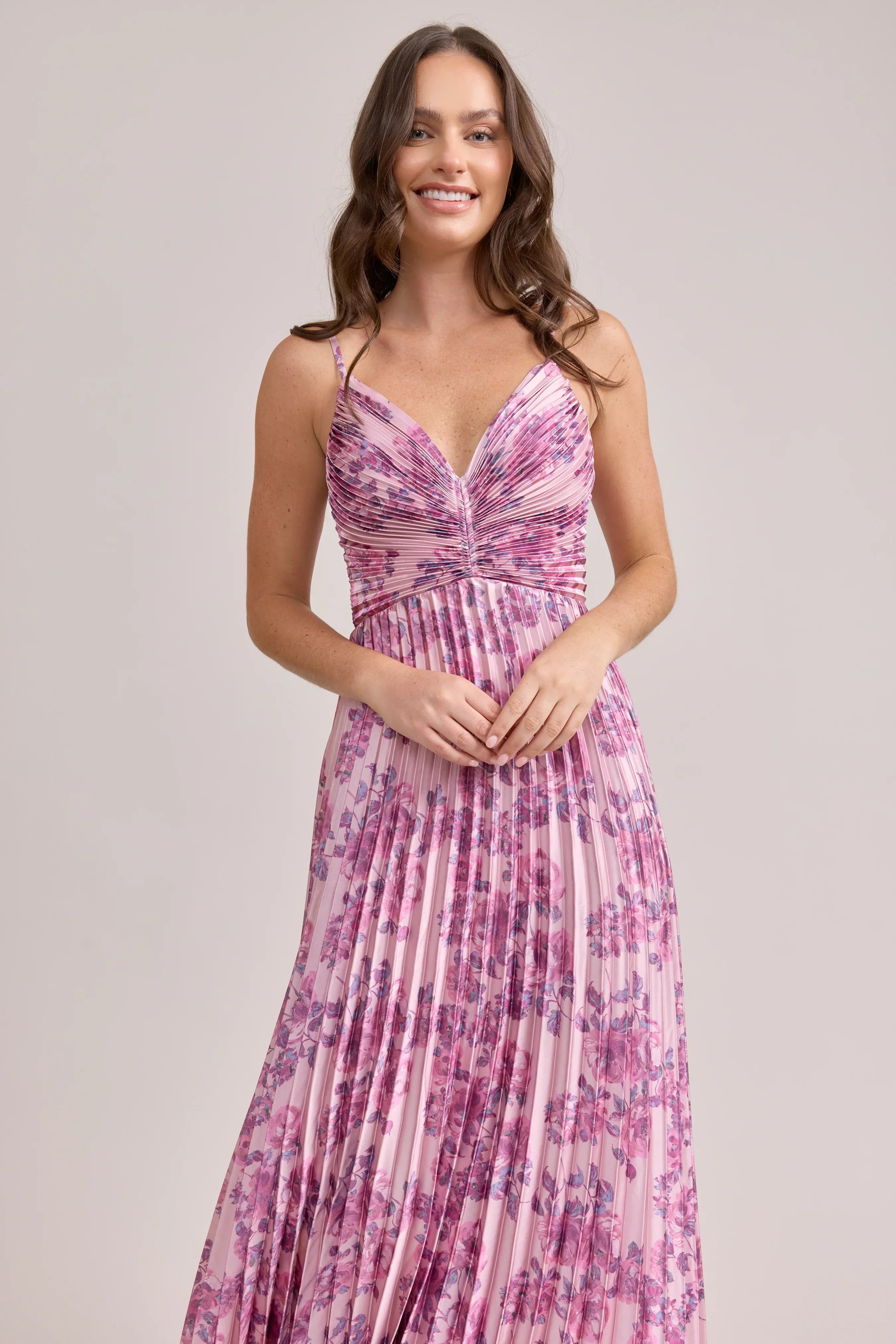 Satin Pleated Floral Print Dress | Made To Order