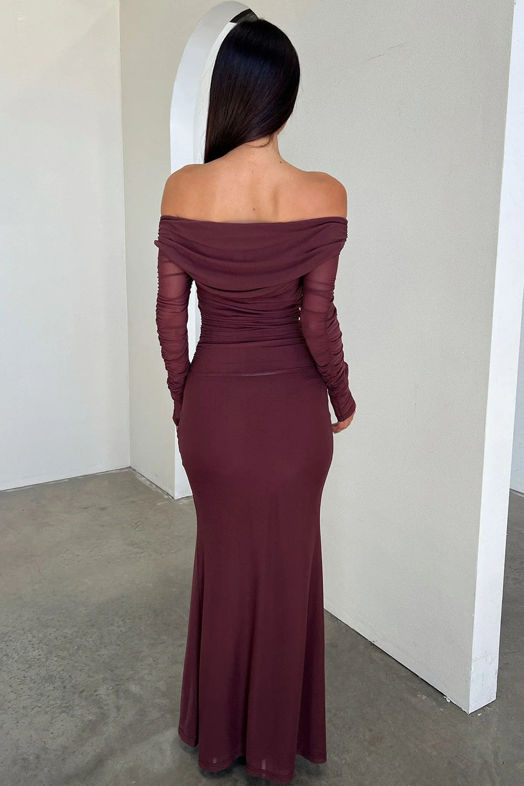 Rowan Long Sleeve Mesh Maxi Dress -  Brown