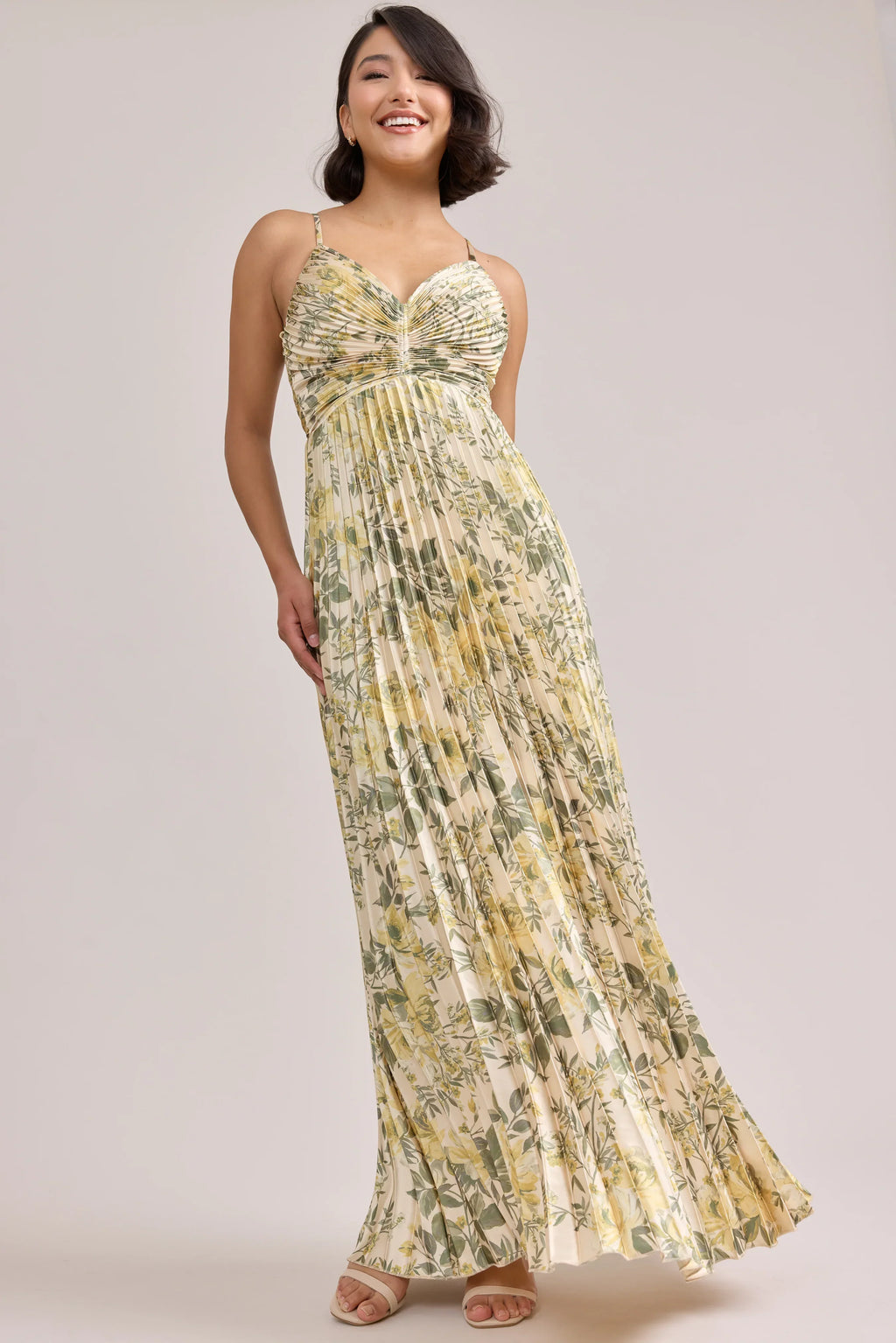 Satin Pleated Floral Print Dress | Made To Order