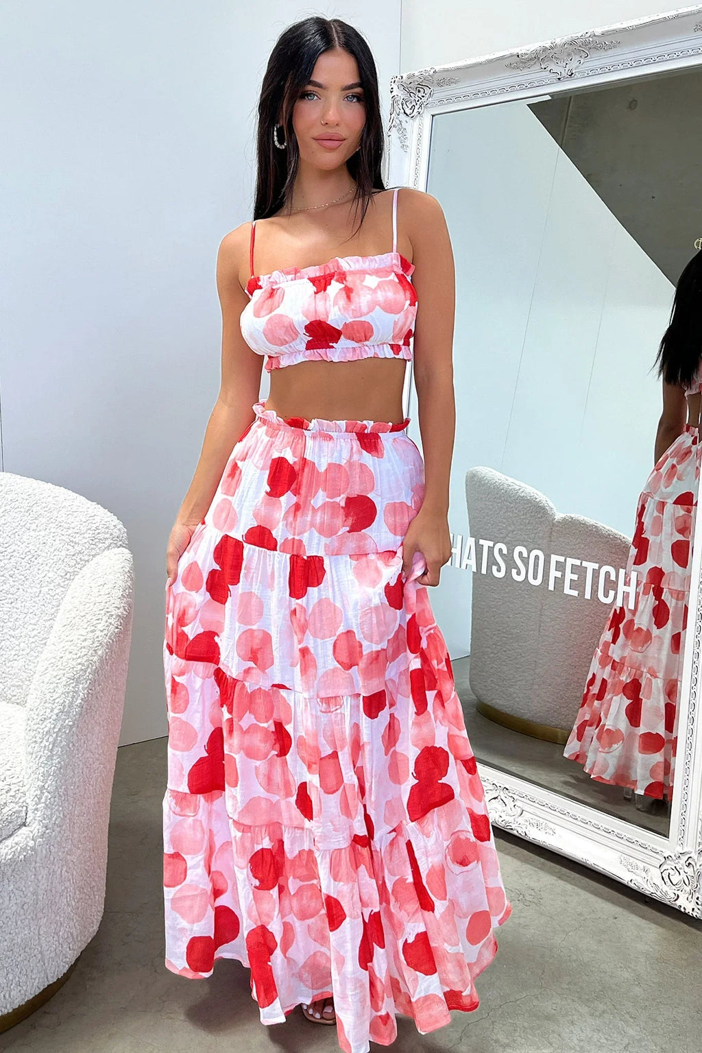 Selina Tiered Maxi Skirt - Red / White Print