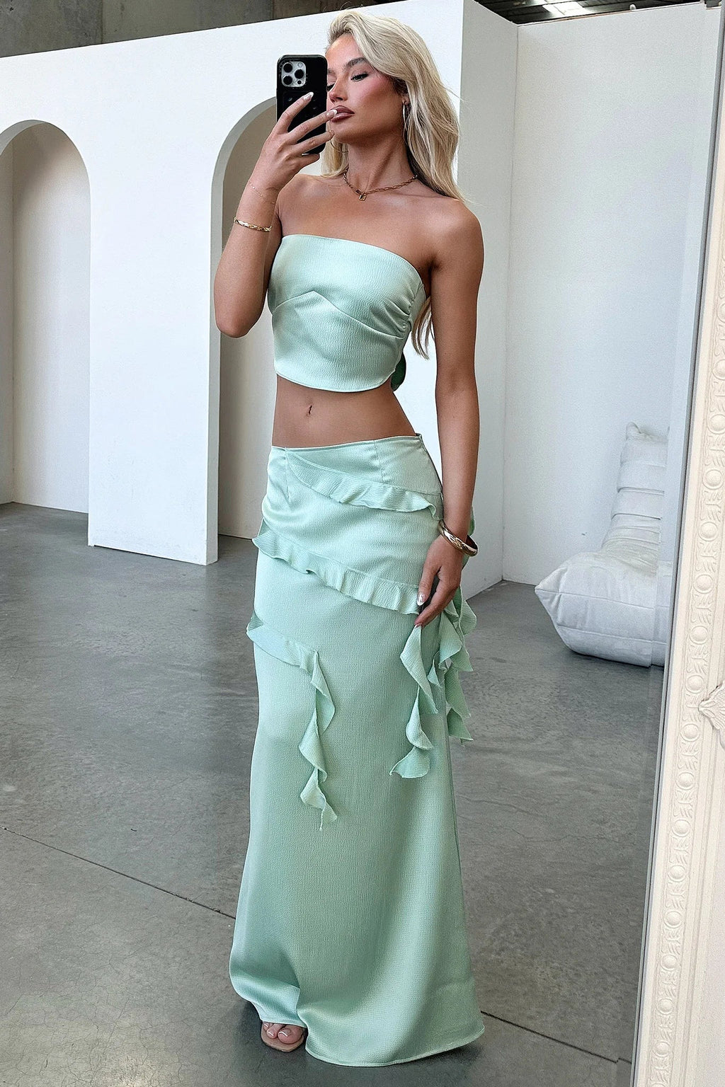 Raima Satin Ruffle Maxi Skirt - Green