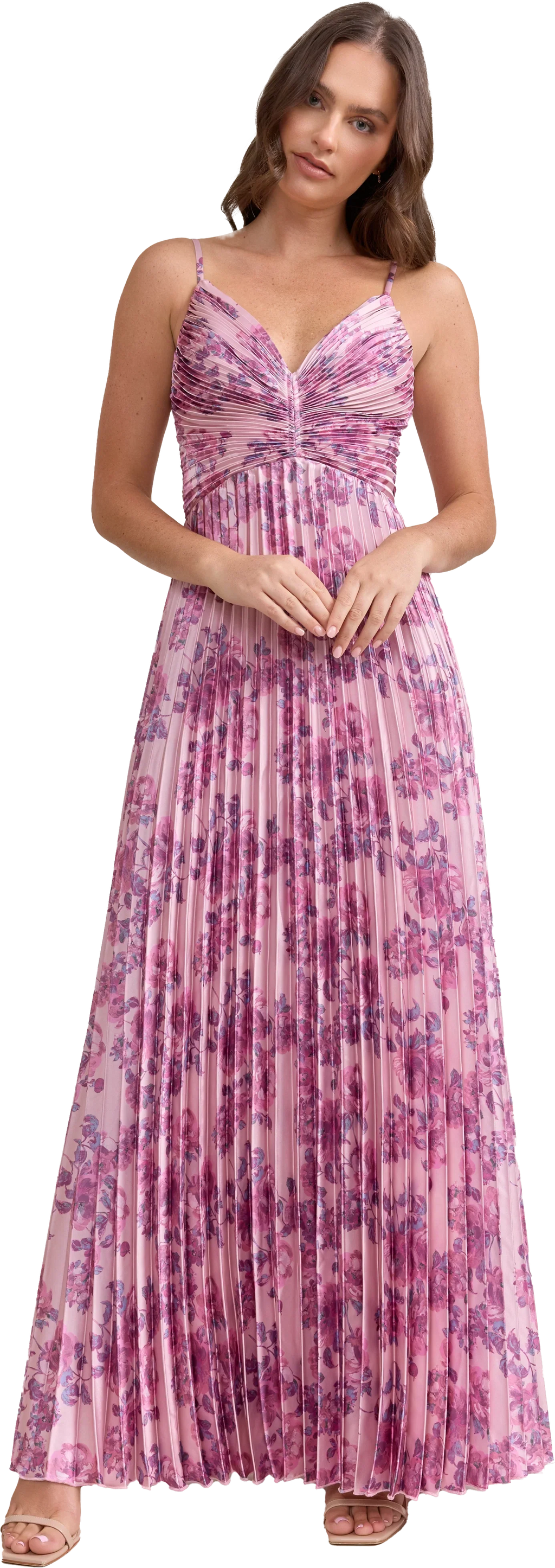 Satin Pleated Floral Print Dress | Made To Order
