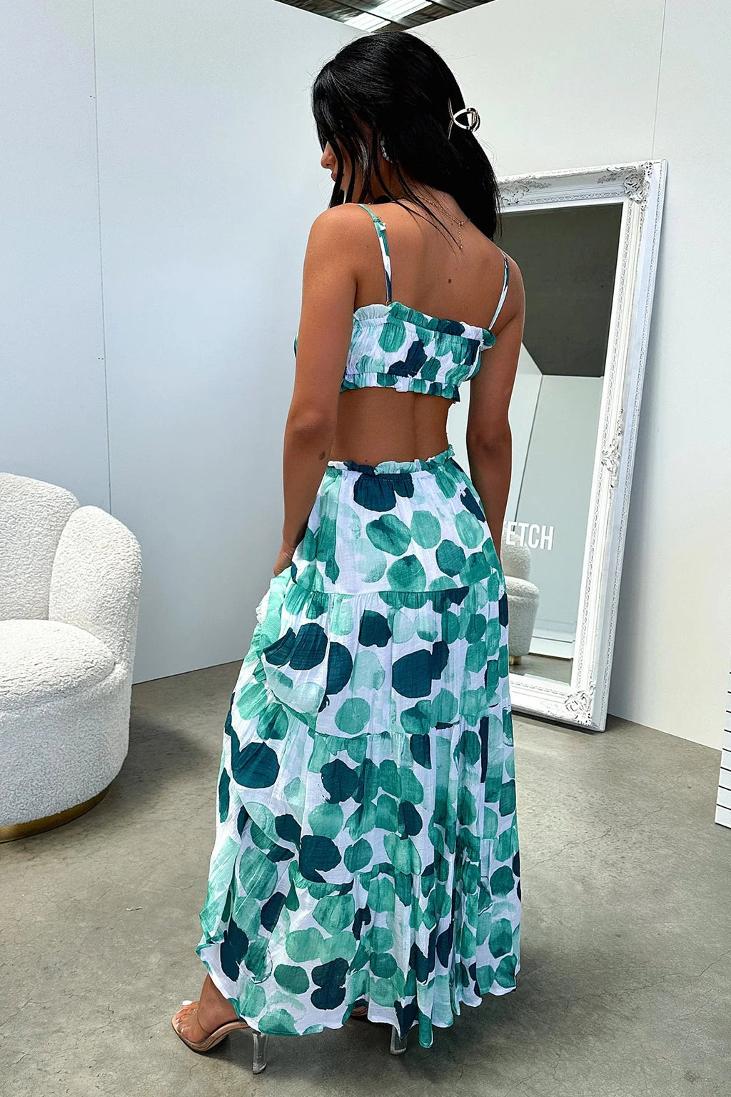 Selina Tiered Maxi Skirt - Green / White Print