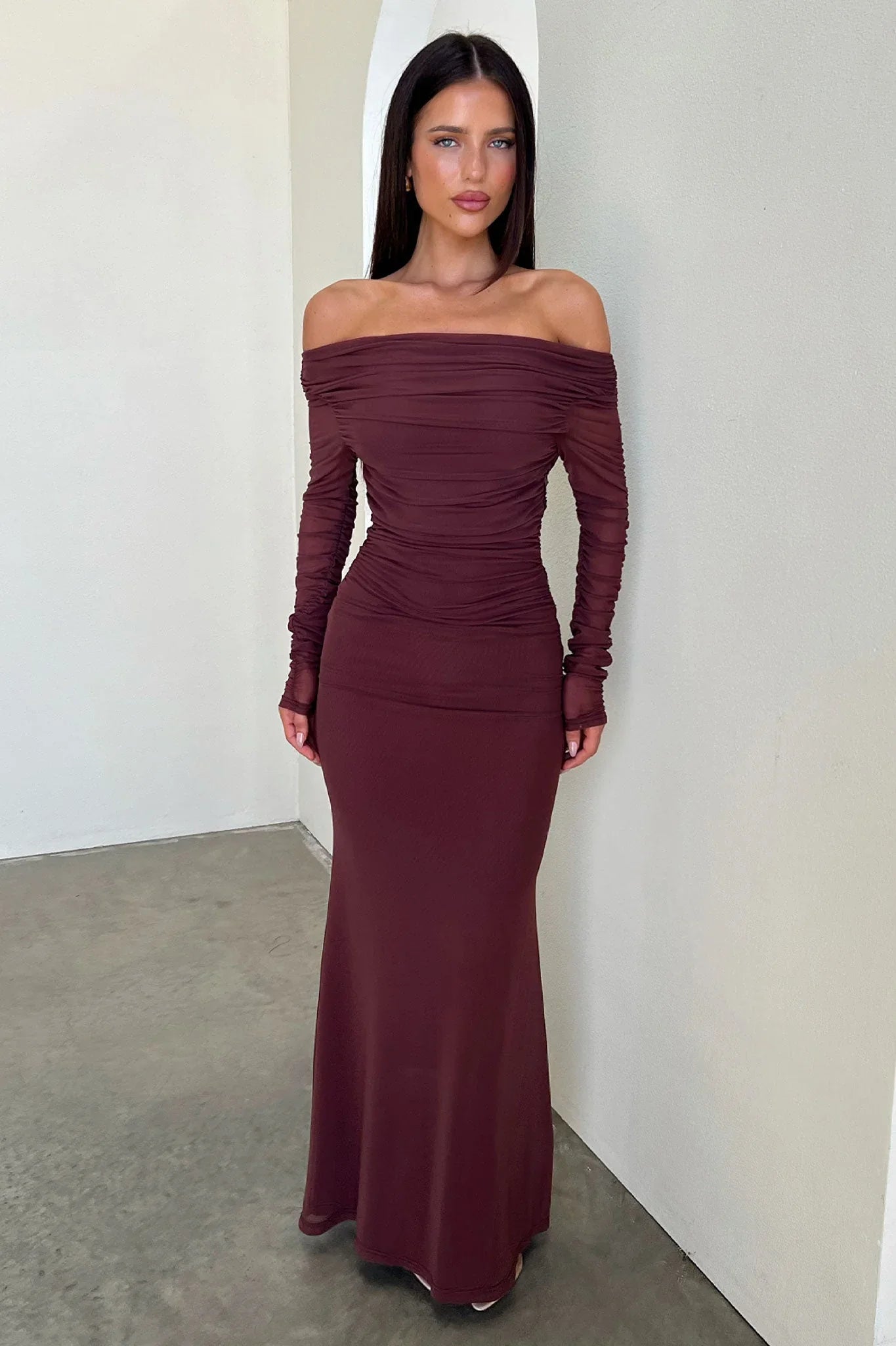 Rowan Long Sleeve Mesh Maxi Dress -  Brown
