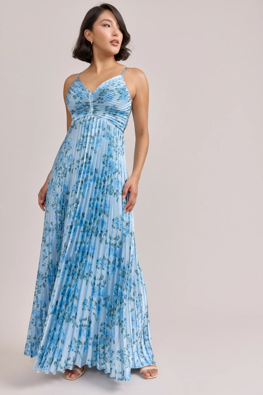 Satin Pleated Floral Print Dress | Made To Order
