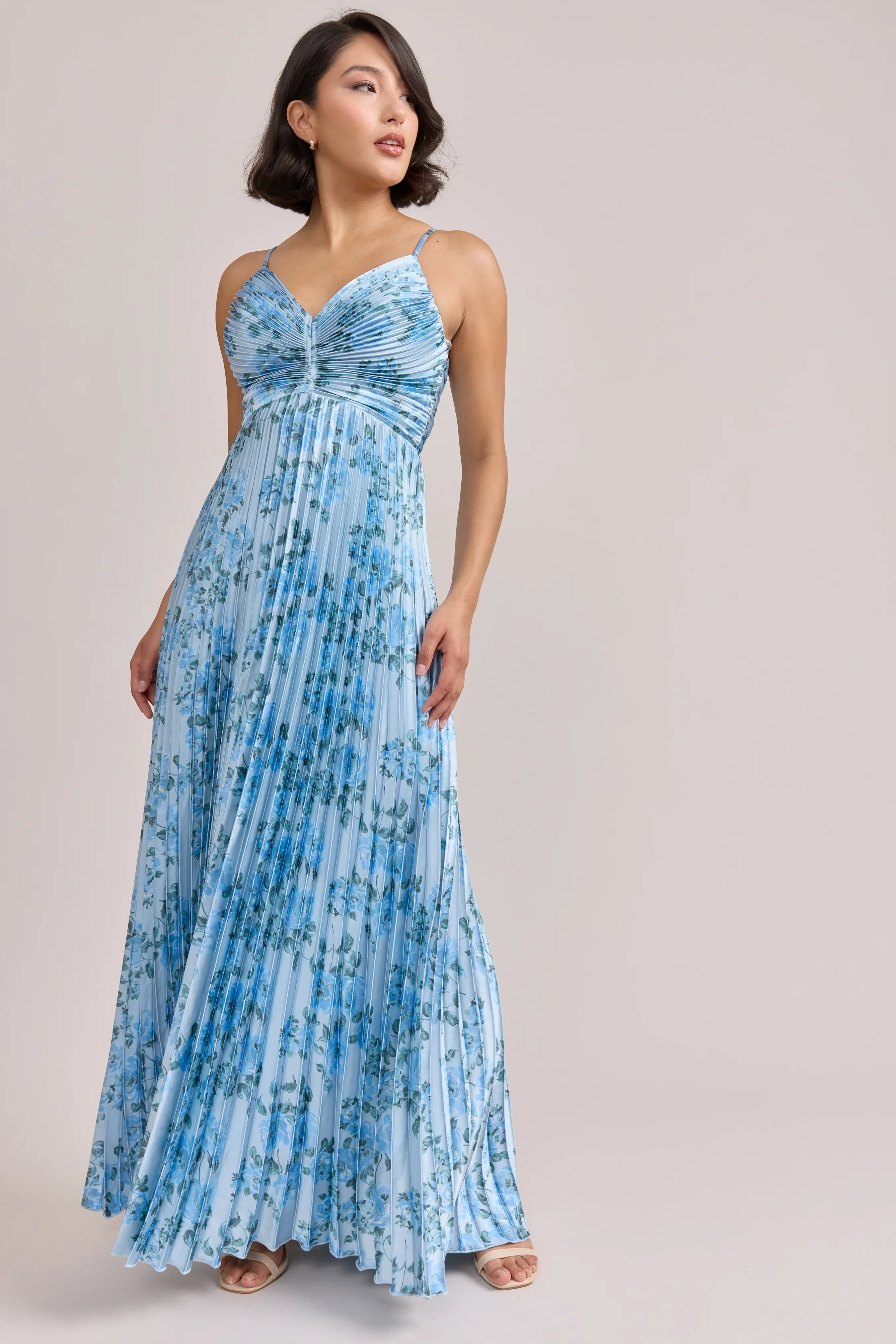 Satin Pleated Floral Print Dress | Made To Order