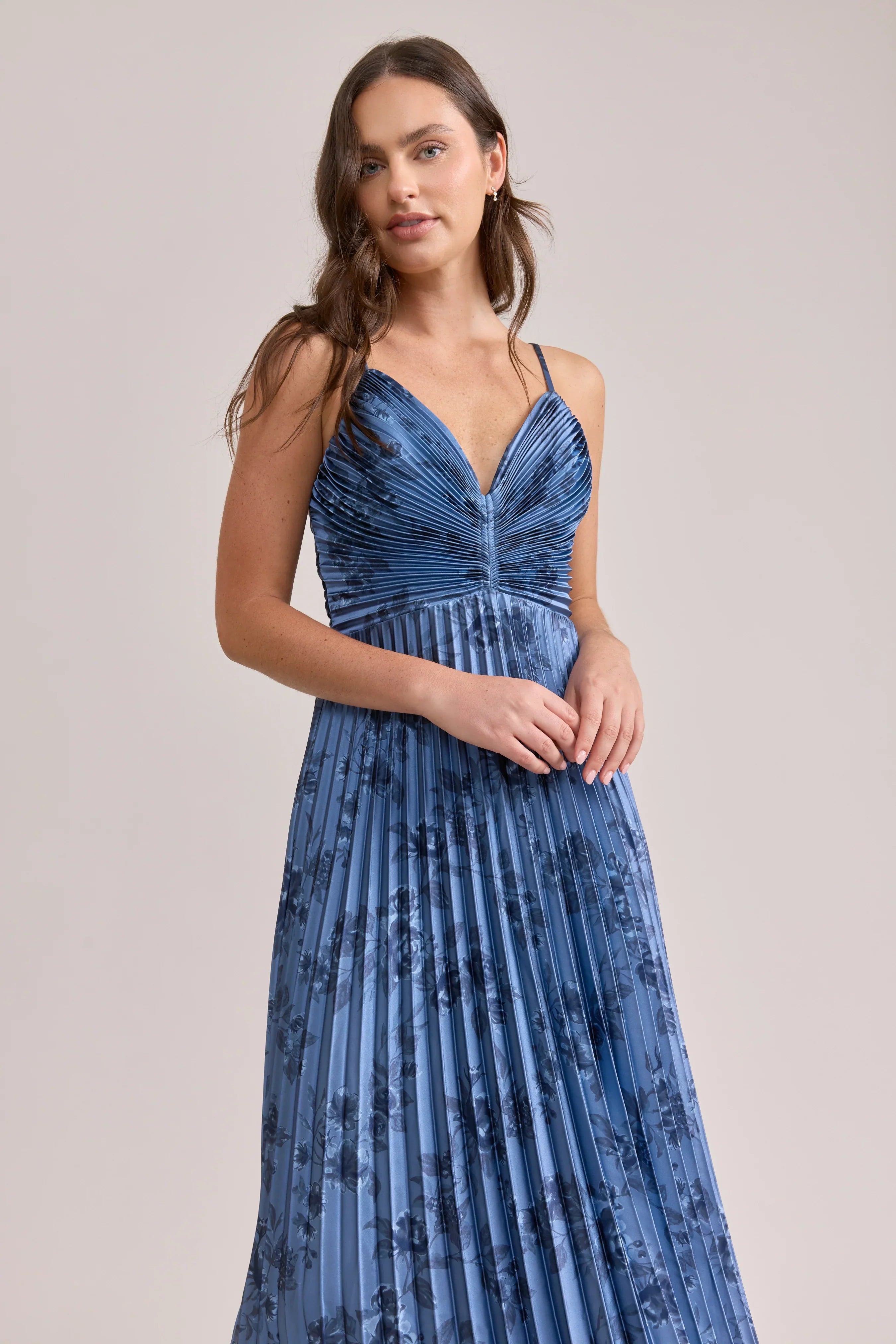 Satin Pleated Floral Print Dress | Made To Order