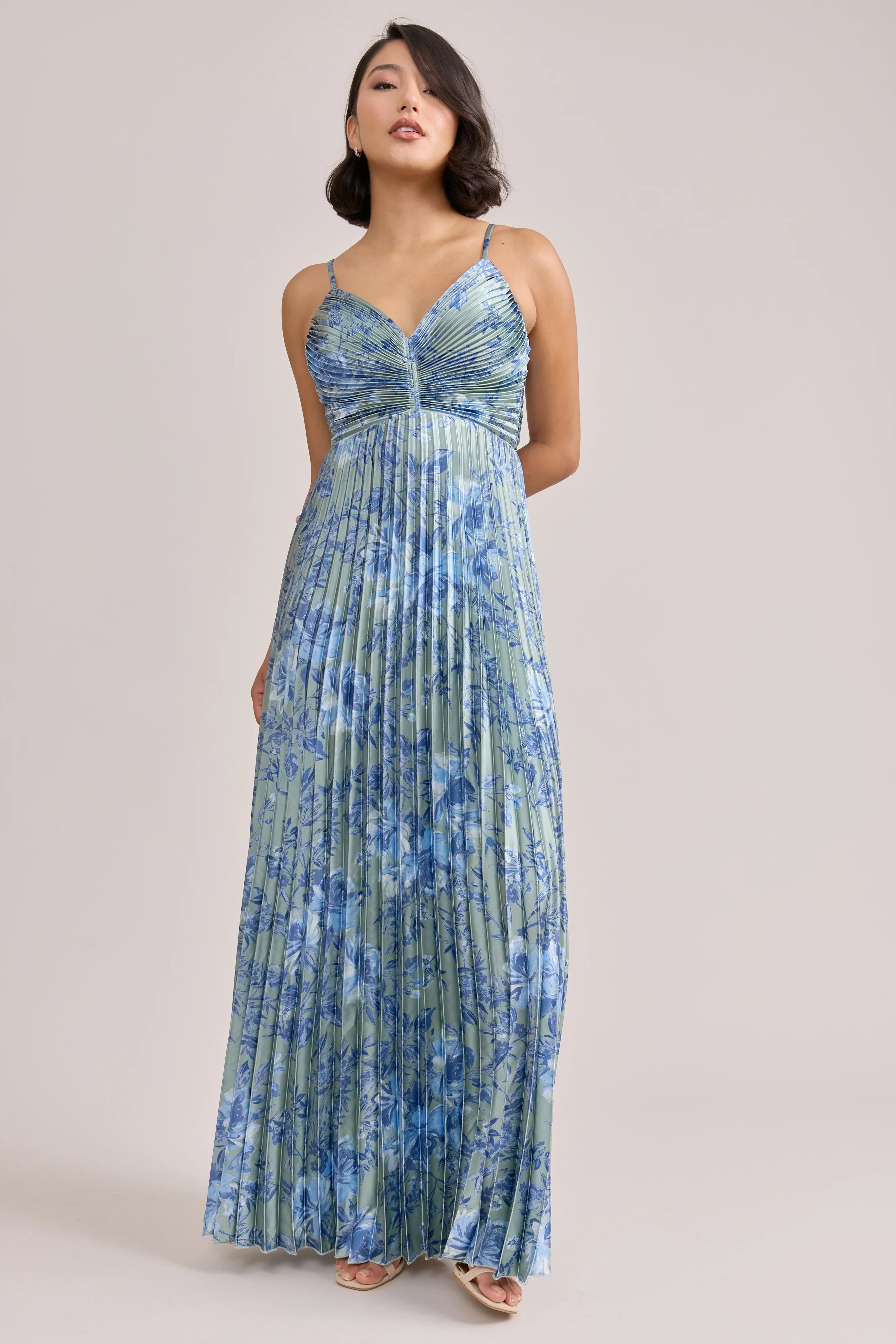 Satin Pleated Floral Print Dress | Made To Order