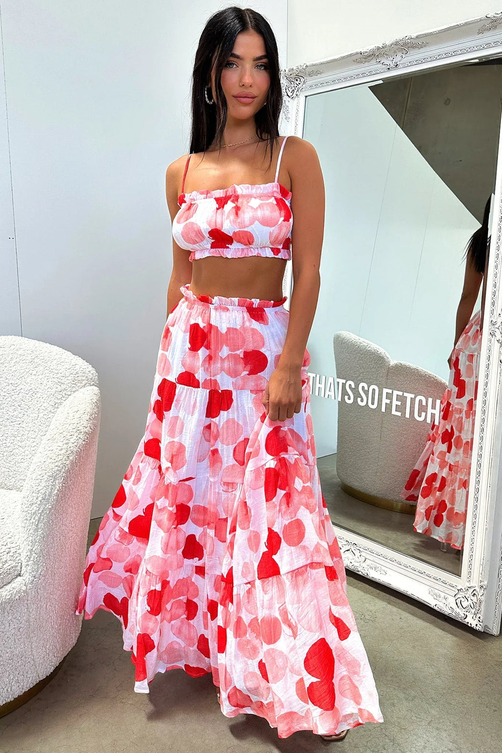 Selina Tiered Maxi Skirt - Red / White Print