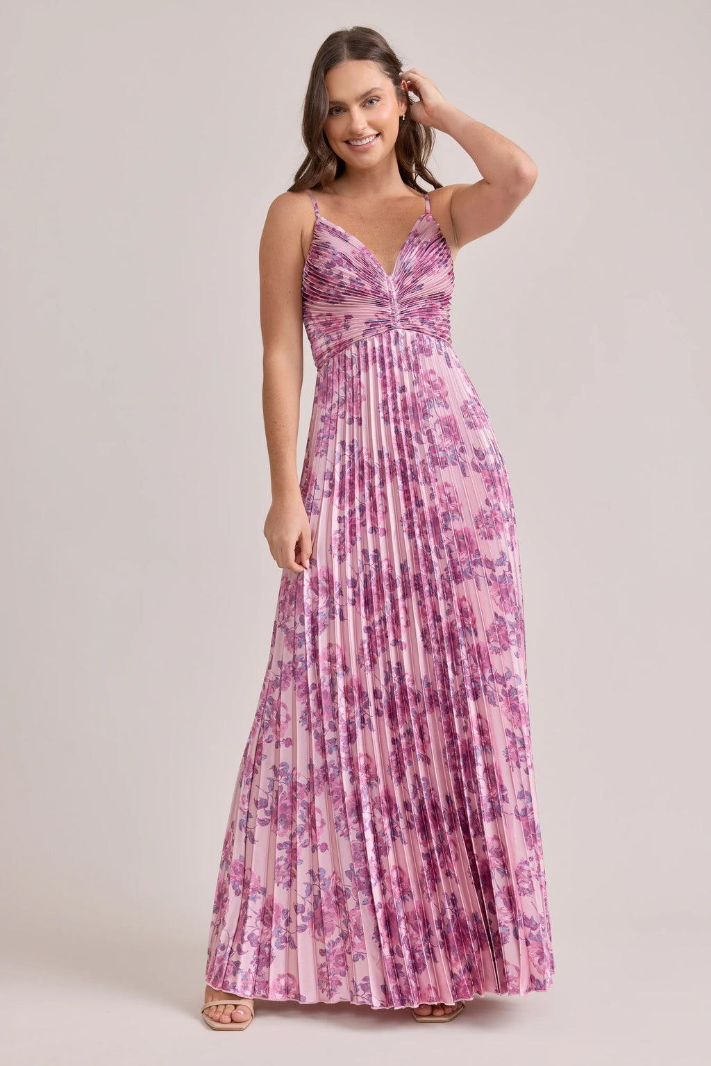 Satin Pleated Floral Print Dress | Made To Order