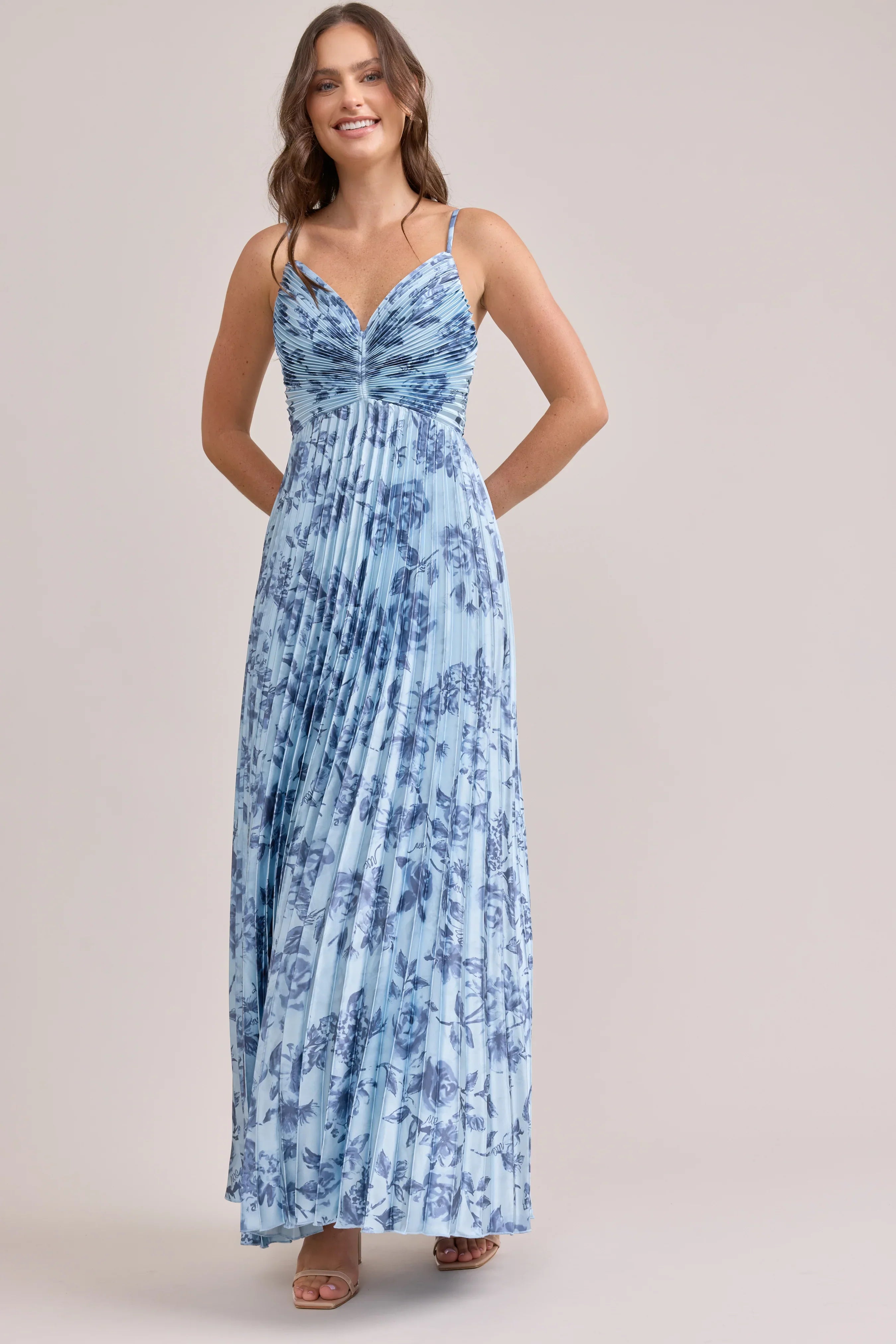 Satin Pleated Floral Print Dress | Made To Order