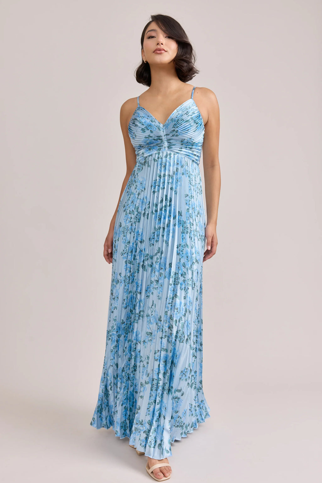 Satin Pleated Floral Print Dress | Made To Order