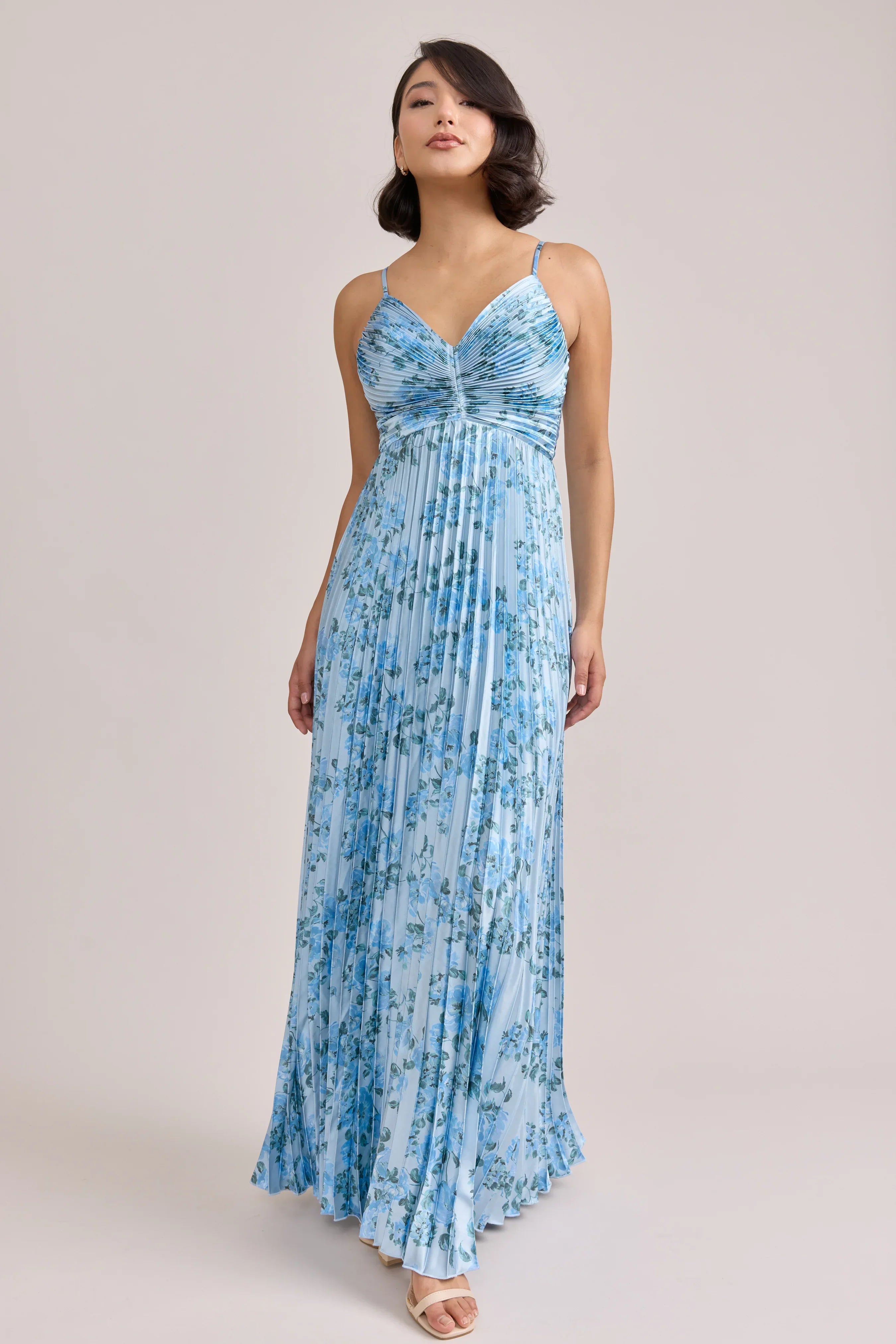 Satin Pleated Floral Print Dress | Made To Order