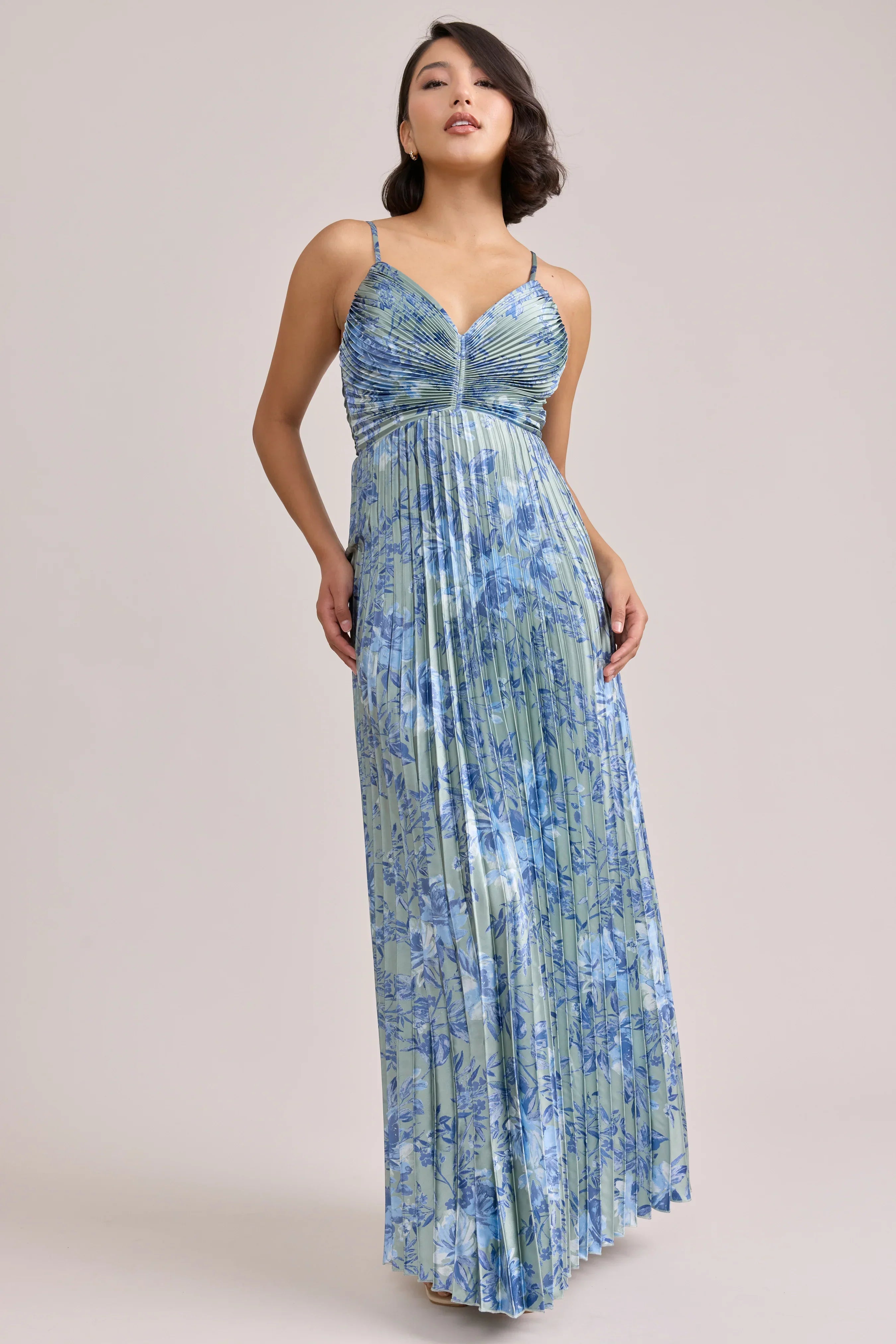 Satin Pleated Floral Print Dress | Made To Order