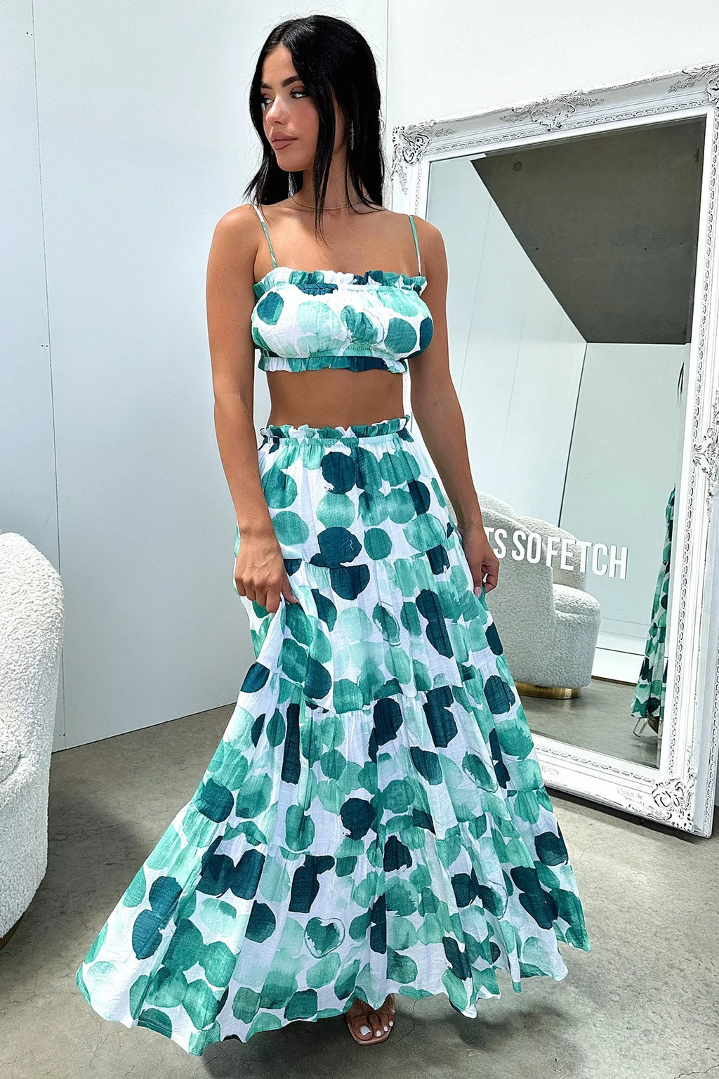 Selina Tiered Maxi Skirt - Green / White Print