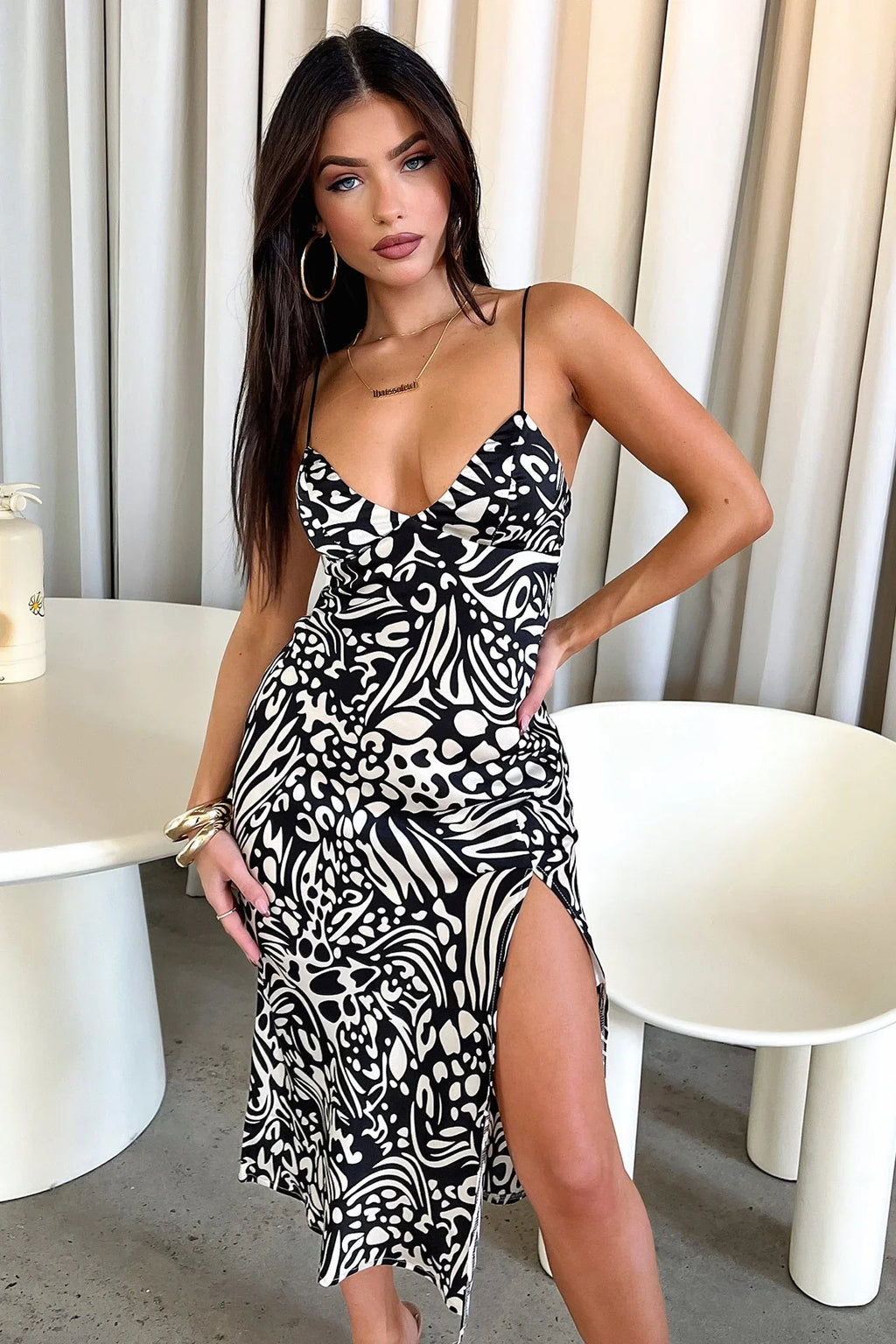 Jennifer Satin Midi Dress - Black/White Print