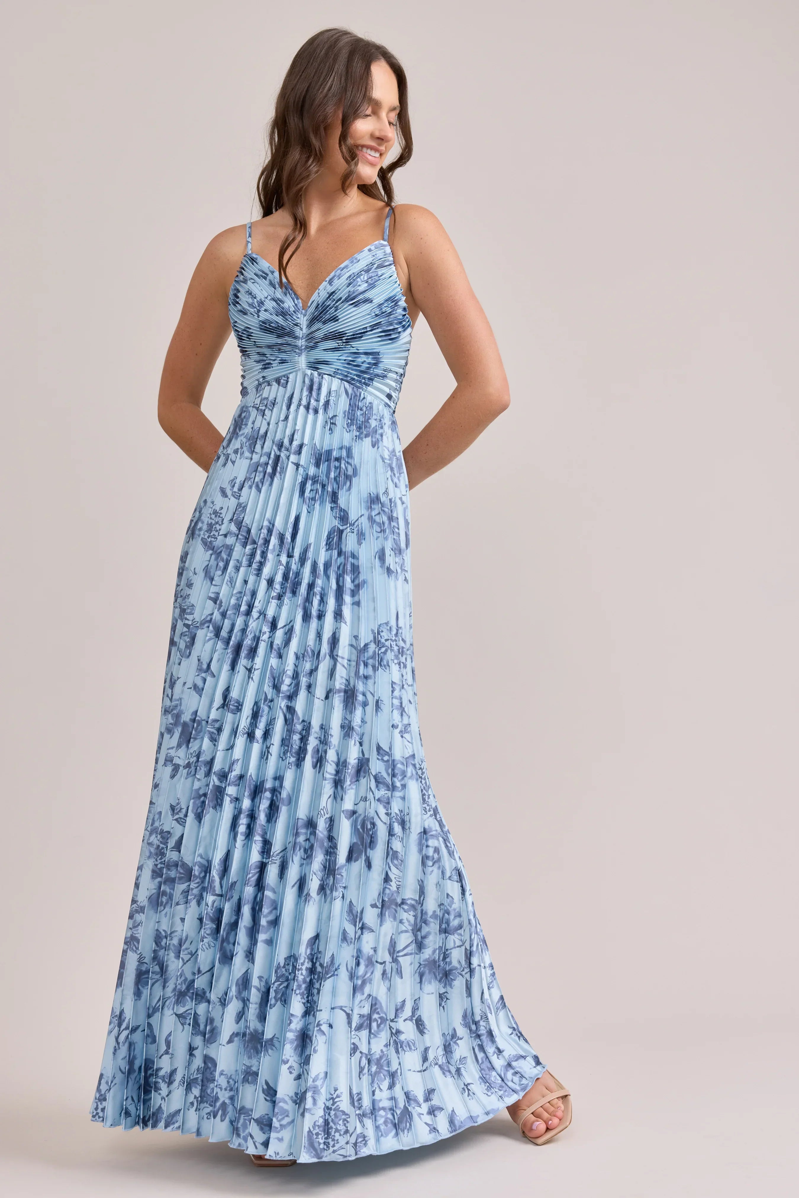 Satin Pleated Floral Print Dress | Made To Order