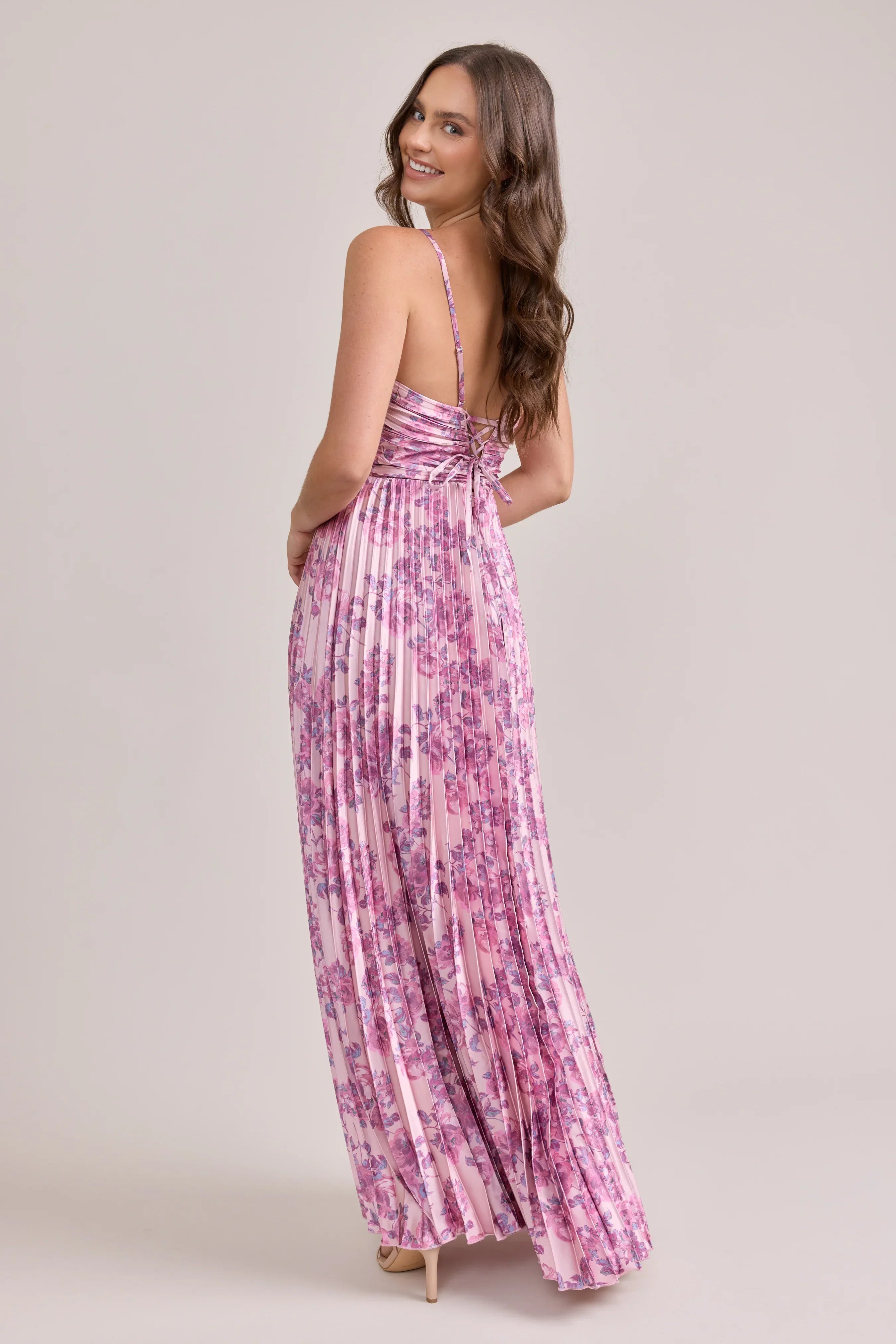 Satin Pleated Floral Print Dress | Made To Order