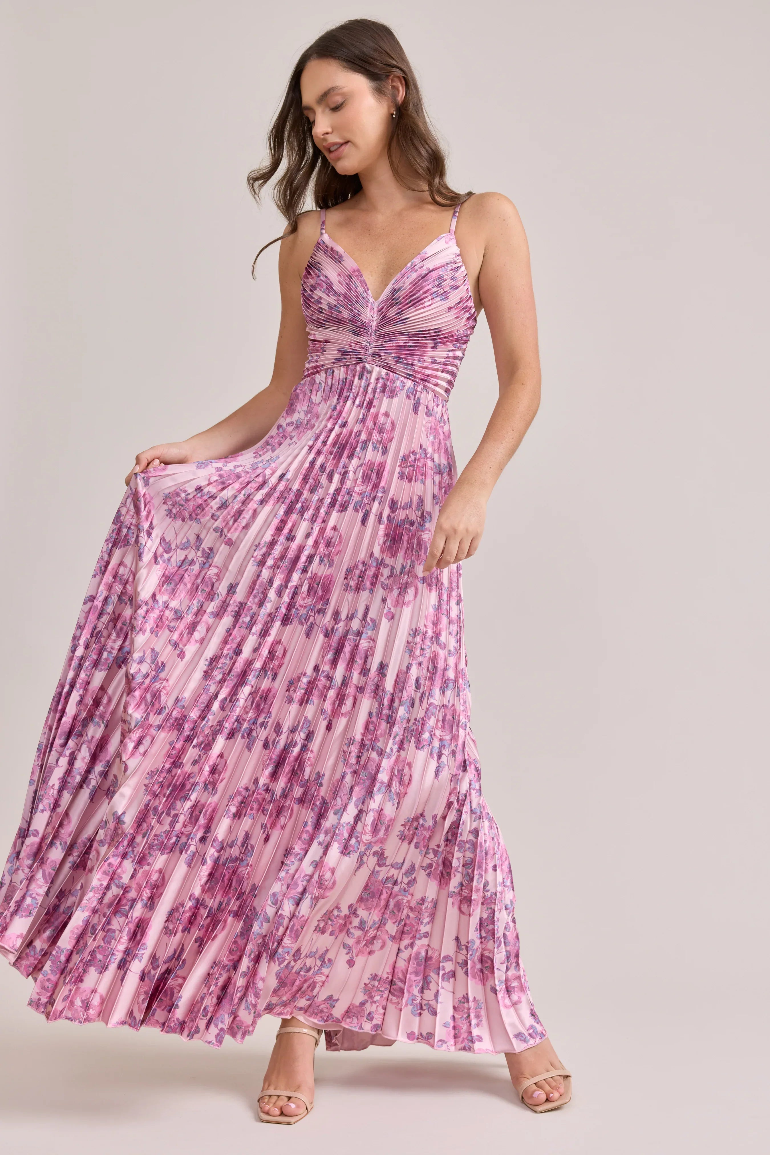 Satin Pleated Floral Print Dress | Made To Order